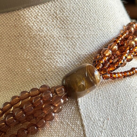 Vintage Brown Beaded Necklace Multi-Strand Plastic Beads with Floral Accent Bead - Picture 5 of 6